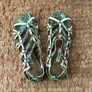 Tabitha Simmons Inez Aqua Elaphe Green and White Strappy Sandals